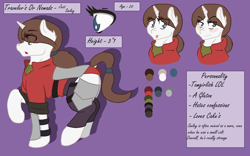 Size: 1280x801 | Tagged: safe, artist:the annoying tac, imported from derpibooru, oc, oc only, oc:smiley, pony, unicorn, bio, clothes, male, solo, stallion, trap, travelers or nomads