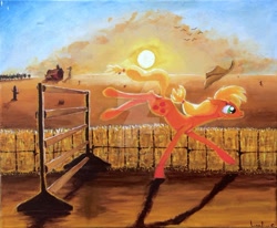 Size: 1024x845 | Tagged: safe, artist:colorsceempainting, imported from derpibooru, applejack, pony, over a barrel, appleloosa, canvas, desert, female, hat, obstacle course, paint, painting, scenery, shadow, solo, sun, traditional art, watermark