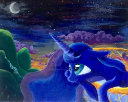 Size: 1024x818 | Tagged: source needed, useless source url, safe, artist:colorsceempainting, imported from derpibooru, princess luna, alicorn, pony, balcony, canvas, cloud, female, mare, moon, night, paint, painting, scenery, solo, stars, traditional art, watermark