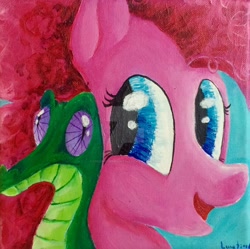 Size: 1024x1018 | Tagged: safe, artist:colorsceempainting, imported from derpibooru, gummy, pinkie pie, alligator, earth pony, pony, paint, painting, smiling, traditional art, watermark