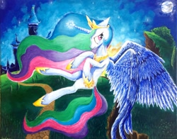 Size: 1024x804 | Tagged: source needed, useless source url, safe, artist:colorsceempainting, imported from derpibooru, princess celestia, alicorn, pony, castle, castle of the royal pony sisters, detailed, female, mare, moon, night, paint, painting, sad, solo, traditional art, watermark, wings