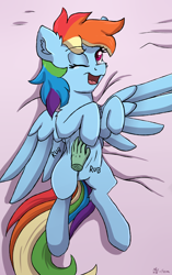 Size: 2000x3188 | Tagged: safe, anonymous artist, artist:php80, imported from derpibooru, rainbow dash, human, bellyrubs, colored pupils, cute, dashabetes, disembodied hand, ear fluff, female, hand, implied anon, on back, solo, spread wings, wings