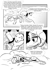 Size: 1684x2381 | Tagged: safe, alternate version, artist:ahobobo, imported from derpibooru, princess ember, rainbow dash, dragon, pegasus, pony, comic:expanding relations, cloud, compass, dragon lord ember, dragoness, drool, everfree forest, fanfic, fanfic art, female, grayscale, internal monologue, mare, monochrome, on a cloud, reuploaded with permission, sleeping, this will end in weight gain, zzz