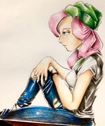 Size: 2326x2795 | Tagged: safe, artist:nolyanimeid, imported from derpibooru, fluttershy, equestria girls, beanie, clothes, clothes swap, female, hat, implied starlight glimmer, pants, sitting, torn clothes