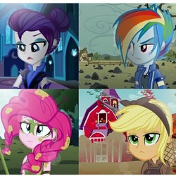 Size: 554x554 | Tagged: safe, artist:marshmallowbab, edit, imported from derpibooru, applejack, pinkie pie, rainbow dash, rarity, equestria girls, the cutie re-mark, alternate timeline, apocalypse dash, applecalypsejack, chrysalis resistance timeline, crystal war timeline, dystopia, equestria girls interpretation, night maid rarity, nightmare takeover timeline, scene interpretation, torn ear, tribal pie