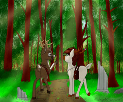 Size: 1635x1354 | Tagged: safe, artist:midnightfire1222, imported from derpibooru, oc, oc only, oc:path, deer, butt, commission, crepuscular rays, digital art, forest, plot, ruins, saddle bag