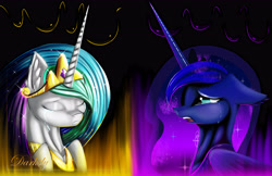 Size: 6400x4155 | Tagged: safe, artist:darksly, imported from derpibooru, princess celestia, princess luna, alicorn, pony, absurd resolution, female, horn, mare, princess, wallpaper