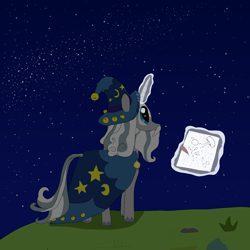 Size: 1500x1500 | Tagged: safe, artist:elermita800, imported from derpibooru, star swirl the bearded, pony, unicorn, astronomy, beard, cape, clothes, constellation, facial hair, hat, leonine tail, male, night, sky, solo, stallion, stars, wizard hat