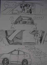 Size: 900x1222 | Tagged: safe, artist:ricky47, imported from derpibooru, rainbow dash, twilight sparkle, be careful what you wish for, car, comic, driving, ooc is serious business, pedal, reference, scared, the other guys, toyota, toyota prius, traditional art