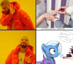 Size: 992x875 | Tagged: safe, artist:weiliy, imported from derpibooru, trixie, human, unicorn, blushing, cape, clothes, cute, diatrixes, drake, engagement ring, exploitable meme, female, hotline bling, irl, irl human, lesbian, mare, marriage, marriage proposal, meme, photo, shutterstock, trixie's cape