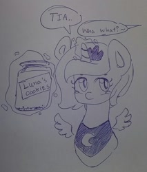 Size: 1836x2152 | Tagged: safe, artist:c0pter, imported from derpibooru, princess luna, cookie, cookie jar, crying, female, filly, food, implied princess celestia, traditional art, woona, younger