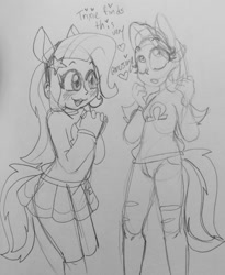 Size: 1051x1280 | Tagged: safe, artist:/d/non, imported from derpibooru, starlight glimmer, trixie, equestria girls, blushing, female, lesbian, monochrome, shipping, sketch, startrix, traditional art