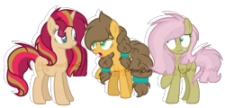 Size: 3075x1476 | Tagged: safe, artist:macaroonburst, imported from derpibooru, oc, oc only, earth pony, pegasus, pony, unicorn, magical lesbian spawn, offspring, parent:applejack, parent:caramel, parent:fluttershy, parent:sunset shimmer, parent:thunderlane, parent:twilight sparkle, parents:carajack, parents:sunsetsparkle, parents:thundershy, simple background, transparent background