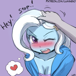 Size: 750x750 | Tagged: safe, artist:lumineko, imported from derpibooru, trixie, oc, oc:anon, human, equestria girls, adorasexy, blushing, breasts, busty trixie, cleavage, clothes, cute, dialogue, diatrixes, female, heart, hoodie, jacket, offscreen character, one eye closed, open mouth, petting, pictogram, purple background, sexy, simple background, sweater, tsundere, tsunderixie