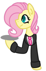 Size: 727x1125 | Tagged: safe, artist:azure-quill, artist:fluttershydaily, imported from derpibooru, fluttershy, pony, clothes, female, necktie, server, simple background, smiling, solo, suit, transparent background, tray, waiter