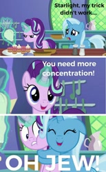 Size: 998x1618 | Tagged: safe, edit, edited screencap, imported from derpibooru, screencap, starlight glimmer, trixie, pony, unicorn, all bottled up, antisemitism, comic, dialogue, female, food, holocaust joke, hug, joke, magic, mare, oh jew, open mouth, pepper, pepper shaker, pun, salt, salt shaker, teacakes, telekinesis, twilight's castle, wordplay