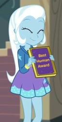 Size: 339x664 | Tagged: safe, edit, edited screencap, imported from derpibooru, screencap, trixie, equestria girls, equestria girls series, forgotten friendship, book, cute, diatrixes, female, smiling, solo