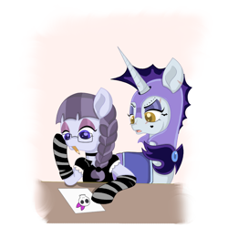 Size: 1000x1000 | Tagged: safe, artist:sparkleshadow, imported from derpibooru, inky rose, moonlight raven, pegasus, pony, unicorn, alternate universe, armor, bow, choker, clothes, duo, eye scar, female, glasses, helmet, inkyraven, lesbian, mare, mouth hold, night guard, pencil, scar, shipping, skull, socks, striped socks, tattoo