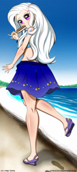 Size: 1280x2844 | Tagged: safe, artist:conrad-hauser, imported from derpibooru, trixie, human, equestria girls series, forgotten friendship, adorasexy, beach, beach babe, clothes, cute, diatrixes, equestria girls outfit, female, high heels, humanized, ice cream sandwich, looking at you, looking back, ocean, sand, sandals, sexy, shoes, smiling, solo, swimsuit