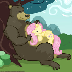 Size: 900x900 | Tagged: safe, artist:yoshimarsart, imported from derpibooru, fluttershy, harry, bear, pony, sleeping, watermark