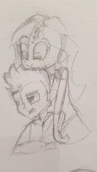 Size: 675x1200 | Tagged: safe, artist:flight-of-the-moon, deleted from derpibooru, imported from derpibooru, flash sentry, sunset shimmer, equestria girls, annoyed, sketch, smiling, traditional art