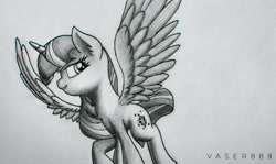 Size: 900x537 | Tagged: safe, artist:vaser888, imported from derpibooru, twilight sparkle, alicorn, pony, grin, lidded eyes, monochrome, smiling, spread wings, traditional art, twilight sparkle (alicorn), wings