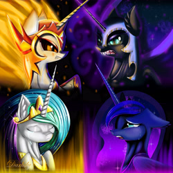 Size: 6400x6401 | Tagged: safe, artist:darksly, imported from derpibooru, daybreaker, nightmare moon, princess celestia, princess luna, alicorn, pony, absurd resolution, angry, ethereal mane, feelings, female, galaxy mane, horn, mare, princess, sad, wallpaper, wings