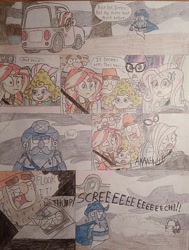 Size: 1024x1351 | Tagged: safe, artist:jebens1, imported from derpibooru, fluttershy, sci-twi, sunset shimmer, twilight sparkle, ghost, equestria girls, boots, bubble guppies, cape, car, clothes, comic, crossover, disney, driver seat, driving, fluttershy's car, forest, gloves, hat, motorcross, pedal, reference, sandals, scooby doo, screaming, seatbelt, shoes, shrunken pupils, the 7d, traditional art