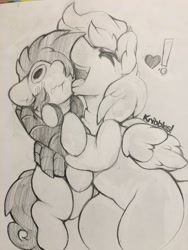 Size: 1512x2016 | Tagged: safe, artist:kribbles, imported from derpibooru, oc, oc:delta dart, oc:kribbles, hippogriff, headphones, hug, male, size difference, sketch, talons