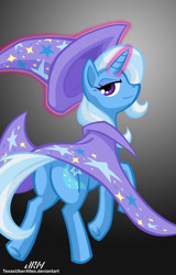 Size: 720x1128 | Tagged: safe, alternate version, artist:texasuberalles, imported from derpibooru, trixie, pony, unicorn, butt, cape, clothes, female, glowing horn, gradient background, hat, looking at you, looking back, magic, mare, plot, solo, telekinesis, trixie's cape, trixie's hat