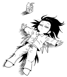 Size: 780x892 | Tagged: artist needed, safe, artist:dj-black-n-white, imported from derpibooru, oc, oc only, oc:mistake, satyr, clothes, dead inside, juice, juice box, offspring, one punch man, pajamas, parent:queen chrysalis, solo