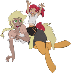 Size: 1885x1930 | Tagged: safe, artist:dj-black-n-white, color edit, edit, imported from derpibooru, oc, oc only, oc:cinnamon cider, oc:peach, satyr, colored, cousins, offspring, parent:apple bloom, parent:applejack, ponies riding ponies, riding, simple background, tan lines, traditional art, transparent background