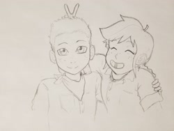 Size: 4032x3024 | Tagged: safe, artist:dj-black-n-white, imported from derpibooru, oc, oc only, oc:cinnamon cider, oc:utah, satyr, brother and sister, bunny ears, female, male, offspring, parent:applejack, teasing, traditional art