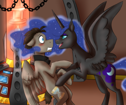 Size: 3000x2500 | Tagged: safe, artist:jitterbugjive, imported from derpibooru, doctor whooves, nightmare moon, time turner, alicorn, pegasus, pony, ask discorded whooves, antagonist, blushing, crossover, discord whooves, doctor who, doctormoon, ethereal mane, fangs, female, galaxy mane, looking at each other, male, shipping, stallion, straight, tardis, tardis console room, tardis control room, the doctor