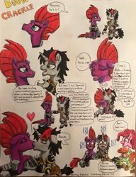 Size: 2669x3472 | Tagged: safe, artist:bozzerkazooers, imported from derpibooru, pinkie pie, tempest shadow, oc, my little pony: the movie, broken horn, canon x oc, dialogue, eye scar, female, heart, kiss on the lips, kissing, male, scar, straight, traditional art