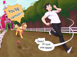 Size: 4000x2955 | Tagged: safe, artist:mylittlesheepy, derpibooru exclusive, imported from derpibooru, applejack, oc, oc:tobias, earth pony, human, pony, apple, dialogue, food, heterochromia, human in equestria, humanized, humanized oc, running, stealing, sweet apple acres, tree
