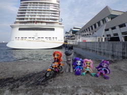 Size: 4608x3456 | Tagged: safe, artist:franklin, imported from derpibooru, fluttershy, octavia melody, rarity, sunset shimmer, twilight sparkle, equestria girls, cruise ship, doll, equestria girls minis, funko, irl, motorcycle, photo, singapore, toy