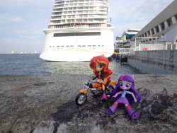 Size: 4608x3456 | Tagged: safe, artist:franklin, imported from derpibooru, sunset shimmer, twilight sparkle, equestria girls, best friends, cruise ship, doll, equestria girls minis, female, irl, motorcycle, photo, singapore, toy