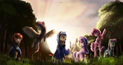 Size: 3856x2054 | Tagged: safe, artist:aidelank, imported from derpibooru, fluttershy, maud pie, pinkie pie, starlight glimmer, sunburst, oc, oc:foxtor volpes, earth pony, fox, fox pony, hybrid, original species, pegasus, pony, unicorn, canterlot castle, commission, crepuscular rays, flower, forest, fox hybrid, grass field