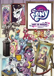 Size: 1400x1973 | Tagged: safe, artist:andypriceart, idw, imported from derpibooru, angel bunny, apple bloom, applejack, bon bon, cheerilee, fluttershy, rainbow dash, rarity, scootaloo, sweetie belle, sweetie drops, trixie, twilight sparkle, alicorn, earth pony, pegasus, pony, rabbit, unicorn, spoiler:comic, alicorn amulet, art, art is magic, art museum, bon bon is not amused, book, cape, clothes, cover, cutie mark crusaders, female, filly, fine art parody, fluttalisa, gem, heart eyes, holding hooves, male, mare, mona lisa, museum, painting, secret agent sweetie drops, statue, stealing, sunglasses, trixie's cape, twilight sparkle (alicorn), unamused, wingding eyes