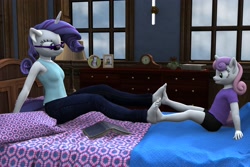 Size: 3000x2000 | Tagged: safe, artist:tahublade7, imported from derpibooru, rarity, sweetie belle, anthro, plantigrade anthro, 3d, barefoot, bed, book, clock, clothes, daz studio, feet, female, fetish, foot fetish, footsie, framed picture, glasses, jeans, pants