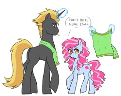 Size: 1000x793 | Tagged: safe, artist:pikokko, imported from derpibooru, oc, oc only, oc:arion, oc:cotton candy, earth pony, pony, unicorn, kilalaverse, blank flank, female, levitation, magic, male, mare, offspring, parent:pinkie pie, parent:pokey pierce, parents:pokeypie, simple background, stallion, telekinesis, towel, wet mane, white background