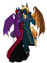 Size: 1907x2508 | Tagged: safe, artist:blackblood-queen, imported from derpibooru, oc, oc only, oc:indigo rose, oc:rege liliac, anthro, bat pony, unguligrade anthro, anthro oc, bat pony oc, clothes, commission, couple, dancing, dress, fangs, female, flower, holding hands, indiac, lipstick, looking at each other, male, oc x oc, rose, shipping, simple background, slit eyes, slit pupils, smiling, straight, transparent background, unshorn fetlocks, veil