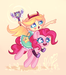 Size: 970x1103 | Tagged: safe, artist:avonir, imported from derpibooru, pinkie pie, earth pony, pony, crossover, duo, female, mare, mewmans riding ponies, riding, royal magic wand, simple background, star butterfly, star vs the forces of evil, stars, wand, xk-class end-of-the-world scenario