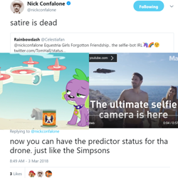 Size: 2048x2048 | Tagged: safe, imported from derpibooru, spike, spike the regular dog, dog, human, equestria girls, equestria girls series, forgotten friendship, comparison, dog food, hilarious in hindsight, irl, irl human, meta, nick confalone, photo, selfie drone, text, the simpsons, twitter