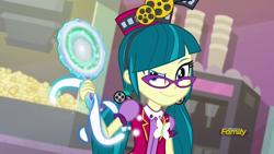 Size: 1920x1080 | Tagged: safe, imported from derpibooru, screencap, juniper montage, equestria girls, mirror magic, spoiler:eqg specials, clothes, discovery family logo, evil grin, female, food, glasses, grin, hat, magic, mirror, pigtails, popcorn, smiling, solo, uniform
