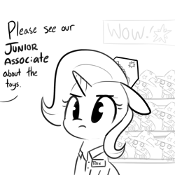 Size: 1650x1650 | Tagged: safe, artist:tjpones, imported from derpibooru, trixie, pony, unicorn, clothes, cute, dialogue, female, floppy ears, frown, grayscale, hat, mare, meme, monochrome, name tag, offscreen character, simple background, sketch, solo, toy, unamused, white background, wow, wow! glimmer