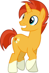 Size: 1600x2381 | Tagged: safe, artist:chainchomp2 edit, artist:chainchomp2 edits, imported from derpibooru, sunburst, pony, unicorn, the cutie re-mark, coat markings, cute, grin, looking back, male, older, raised hoof, raised leg, shaved, simple background, smiling, socks (coat marking), socks (coat markings), solo, sunbetes, transparent background, vector, we don't normally wear clothes