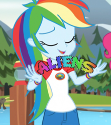 Size: 506x573 | Tagged: safe, edit, edited screencap, imported from derpibooru, screencap, rainbow dash, equestria girls, legend of everfree, cropped, eyes closed, image macro, meme, text edit