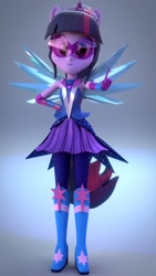 Size: 1080x1920 | Tagged: safe, artist:efk-san, imported from derpibooru, sci-twi, twilight sparkle, equestria girls, legend of everfree, 3d, armpits, boots, clothes, crystal guardian, crystal wings, female, gloves, high heel boots, ponied up, shoes, smiling, solo, visor